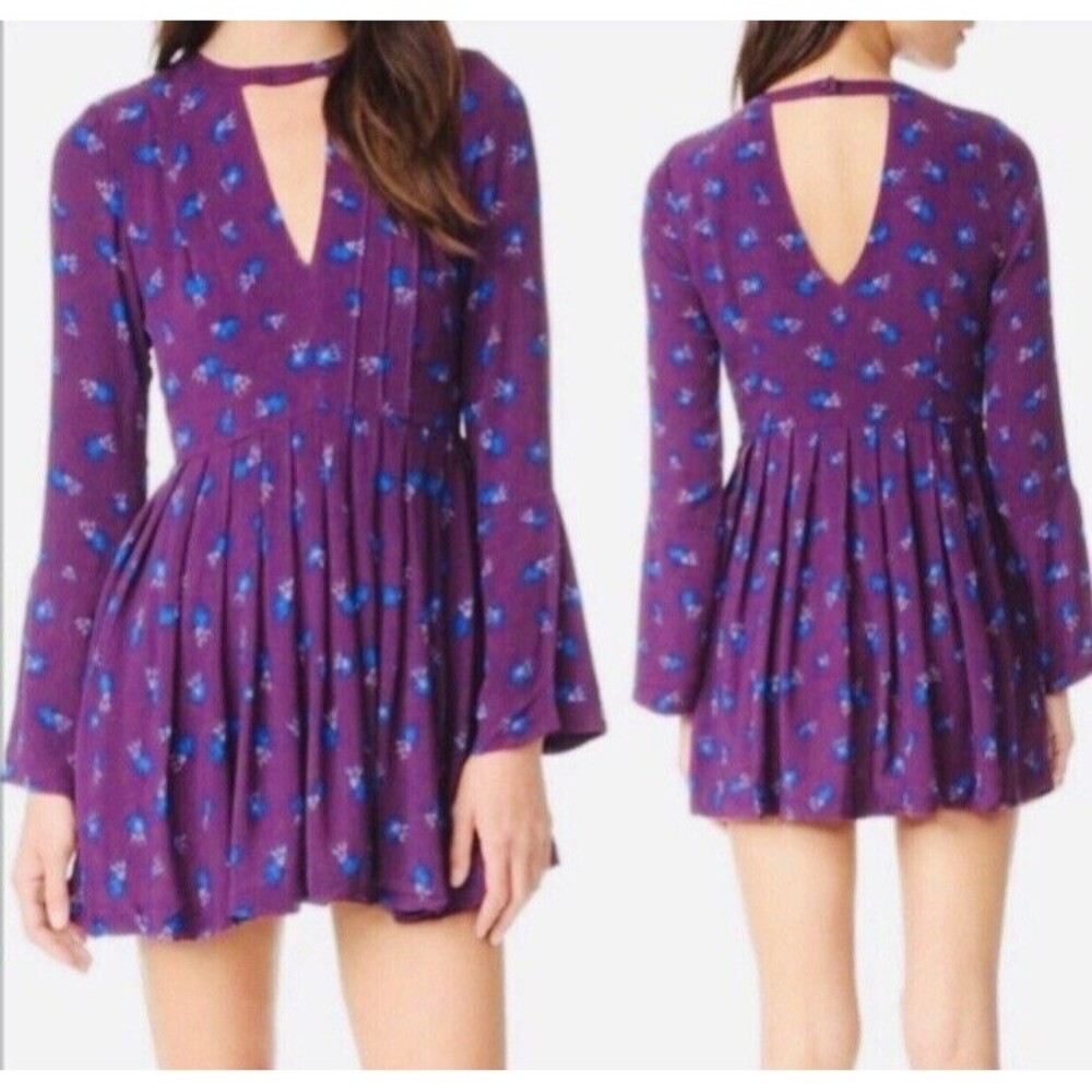 Free People Tegan Purple Floral Long Sleeve Mini Dress Size 0 / XS NEW